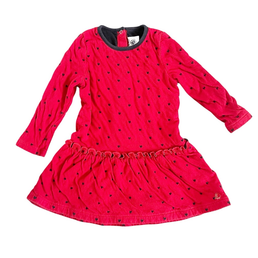 Petit Bateau Red Long Sleeve Navy Hearts 100% Cotton Dress Size 24‎ Months